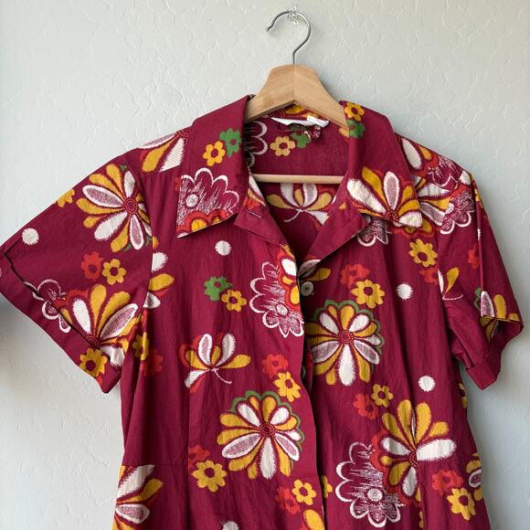 Toast Red Retro Floral Print Aster Short Sleeve Button Up Midi Shirt Dress 10 - Picture 2 of 8